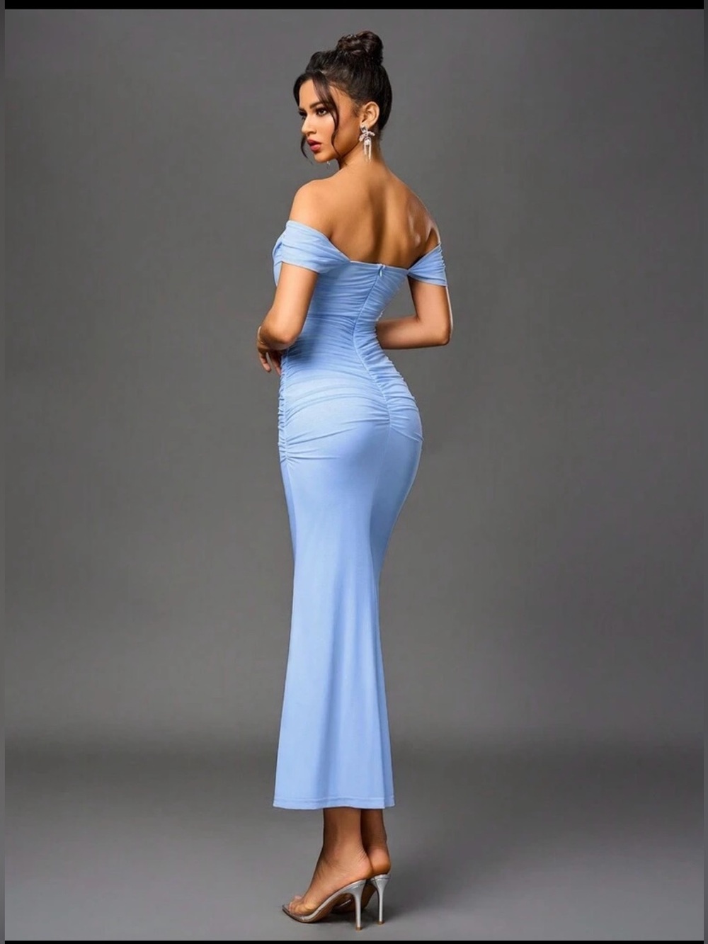 Elegant Off-Shoulder Baby Blue Ruched Evening Dress - Picture 2 of 14